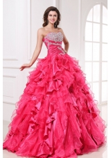 Long Hot Pink Quinceanera Party Dress with Beading and Ruffles
