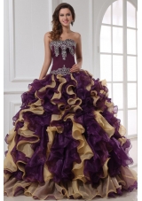 Sweetheart Purple with Gold Beaded and Ruffled Quinceanera Gown
