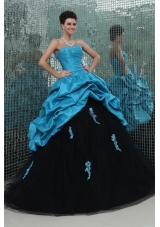 Sassy Aqua Blue and Black Pick Ups and Appliques Sweet 16 Dress