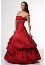 Beading and Ruching Red Taffeta Dress for Sweet 15 with Pick Ups