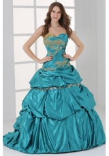 Taffeta Strapless Sweetheart Ruched Teal Quinceanera Dresses with Pick-up