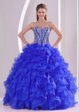 2014 Ball Gown Sweetheart Beaded Blue Quinceanera Gowns with Ruffles