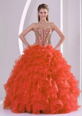 Coral Red Sweetheart Ruffles and Beaded Decorate Quinceanera Gowns for 2014 Winter