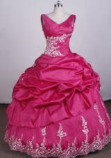 Fashionable Ball Gown V-Neck Floo_length Appliques Tffeta Hot Pink Quinceanera Dresses