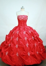 Elegant ball gown strapless floor-length red taffeta appliques quinceanera dress