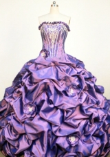 Classical Strapless Floor-Lengtrh Purple Appliques and Hand Flower Quinceanera Dress