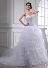 2014 Spring A-line Sweetheart Organza Appliques Ruffled Layers Wedding Dress