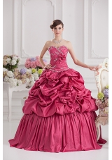 2014 Spring Ball Gown Sweetheart Hand Made Flowers Beading Pick-ups Quinceanera Dress in Red