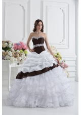 Ball Gown Sweetheart Beading Ruffled Layers Brown and White Quinceanera Dress