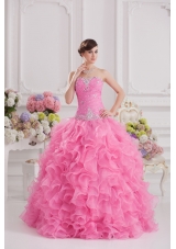 Ball Gown Sweetheart Organza Beading Ruffles Rose Pink Quinceanera Dress