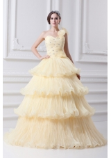 Beautiful A-line One Shoulder Beading and Ruffled Layers Quinceanera Dress in Light Yellow