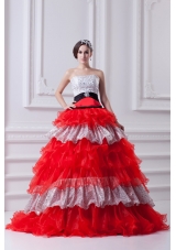 Elegant Princess Strapless Beading Ruflled Layers Red Quinceanera Dress in 2014