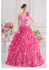 Hot Pink Ball Gown One Shoulder Taffeta Hand Made Flowers and Ruffles Quinceanera Dress