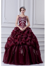 2014 Spaghetti Straps Organza Beading and Appliques Burgundy Quinceanera Dress