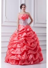 2014 Watermelon Ball Gown Strapless Beading Quinceanera Dress with Side Zipper