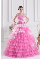Pretty Rose Pink Princess One Shoulder Beading Quinceanera Dress with Ruffled Layers