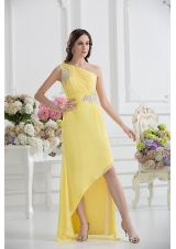 One Shoulder Empire Yellow High-low Prom Dress with Appliques