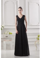Empire V-neck Floor-length Ruching Black Prom Dress