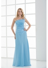 Blue Column One Shoulder Beading Chiffon Ruching Prom Dress