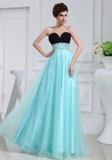 Column Beading Tulle Floor-length Strapless Aqua Blue Prom Dress