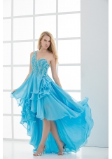 Empire One shoulder High-low Beading Baby Blue Prom Dress