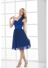 Empire One Shoulder Sleeveless Knee-length  Blue Prom Dress