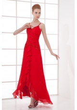 Spaghetti Straps Tea-length Chiffon Red Dresses for Prom