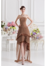 Saddle Brown A-line Strapless Chiffon High-low Prom Dress with Beading