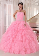 Baby Pink Ball Gown Strapless Floor-length Organza Beading Fashionable Quinceanera Dress,Sweet and fabulous! Are you looking for your dream dress for the sweet 15/16. This must be just the one for you!It features a fashionable strapless neckline with clear beading encrusted on the corset bodice. Ruffled skirt makes the gown puffy and flattering.A lace up back closure the look.
