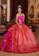 Ball Gown Strapless Ruffles and Beading Embroidery Red Discount Quinceanera Dress