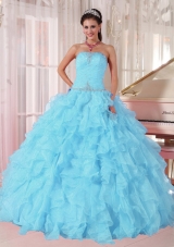 Light Blue Ball Gown Strapless Ruffles Organza Beading Cheap Quinceanera Dress