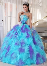 Aqua and Purple Organza Appliques Decorate Quinceanera Dress 2014