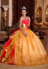 Ball Gown Strapless Floor-length Organza Embroidery Gold New Style Quinceanera