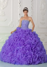 Ball Gown Strapless Organza Purple Sweet Fifteen Dress with Beading and Ruffles