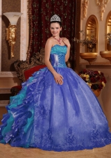 Cheap Ball Gown Blue Quinceanera Dress 2014 with Strapless Floor-length Organza Embroidery