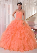 Lovely Orange Ball Gown Strapless Organza Quinceanera Dress 2014 with Beading and Ruffles