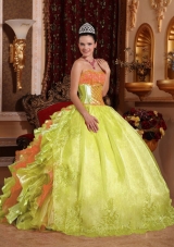 Spring Green Ball Gown Strapless Floor-length Organza Embroidery Sweet Sixteen Dress,The strapless sweetheart neckline is completely adorned with crystals. 
The bodice is accented with scattered beadwork.The full skirt creates a beautiful shape to complete the dress.If you're looking for a high-end dress without the high-end price tag, this is definitely one you should consider.
