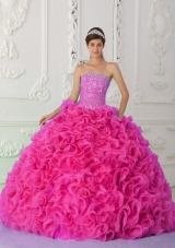 Ball Gown Strapless Organza Hot Pink Vestidos de Quinceanera Dress with Beading and Ruffles