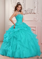 2014 Aqua Blue Ball Gown Strapless Beading Quinceanera Dress with Ruffles