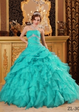 2014 Exclusive Turquoise Ball Gown Beading Quinceanera Dress with Ruffles