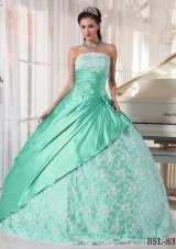 2014 Romantic Strapless Ball Gown Quinceanera Dress in Apple Green with Lace