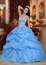 Blue Ball Gown Sweetheart Floor-length Quinceanera Dress with Organza Beading
