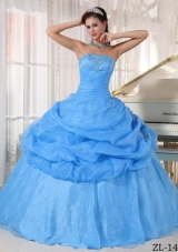 Aqua Blue Ball Gown Strapless Floor-length Quinceanera Dress with Organza Appliques
