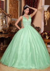 2014 Apple Green Ball Gown V-neck Beading Quinceanera Dress