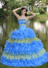 2014 Beaded Sequins Multi-color Strapless Sweet Quinceanera Dress with Ruffled Layers