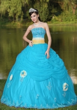 2014 Lovely Tulle Strapless Aqua Blue Quinceanera Dress For Girl With Flower Beaded