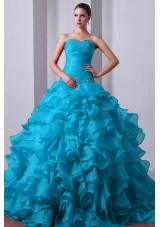 2014 Popular Quinceanea Dress in Aqua Blue Princess with Beading and Ruffles