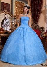 Aqua Blue Ball Gown Strapless Floor-length Quinceanera Dress with Organza Appliques