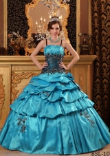Aqua Blue Ball Gown Straps Floor-length Quinceanera Dress with Taffeta Appliques