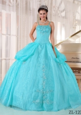 Aqua Blue Spaghetti Straps Taffeta and Organza Quinceanera Dress with Appliques